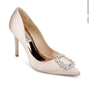 BADGLEY MISCHKA Cher Crystal Buckle Pumps Satin
